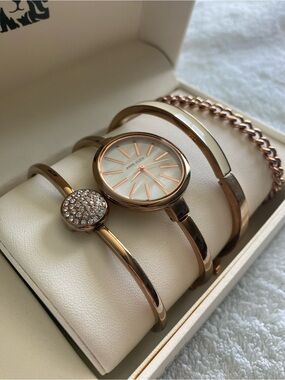 Anne Klein Rose Gold Bracelet Watch Set with Crystal Accent